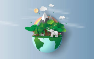 illustration of elephant in green trees forest,Creative Origami design world environment and earth day concept idea.Landscape Wildlife in green nature plant by rainbow pastel.paper cut,craft.vector